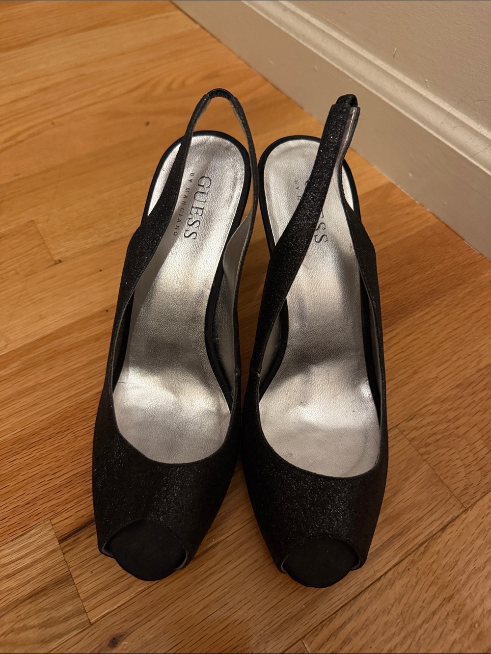 GUESS Black Glitter Slingback Peep-Toe Heels